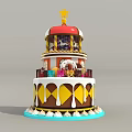 Colorful Multi Tiered Cake With Yellow Brown Layers And Cream Decorations