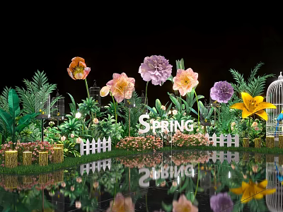 Spring Themed Garden Display With Colorful Flowers Green Plants White Fence And Birdcage Reflection 3d model