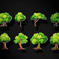 Green Trees With Different Shapes And Shadows On Black Background 3d model