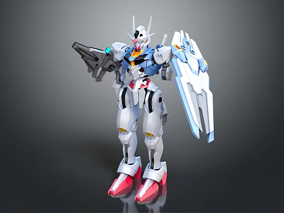 Intelligent Robot With White Blue Armor Red Feet Holding Weapon And Shield 3d model