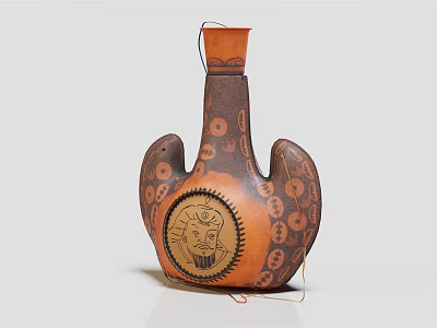 Artistic Brown Wine Bottle With Wing Shaped Design And Patterned Glass Cup 3d model