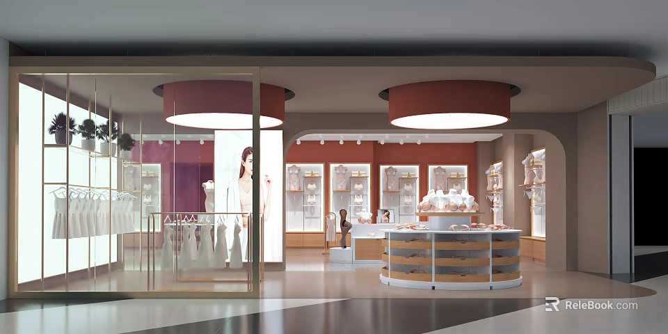 Modern Clothing Store Interior With Glass Doors Red Circular Pendant Lights And Round Display Counter 3d model 