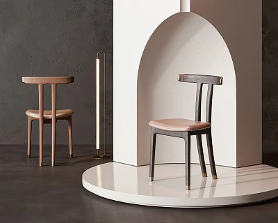 Modern Dining Chairs In Light And Dark Wood With Pink Cushion On White Circular Platform 3d model