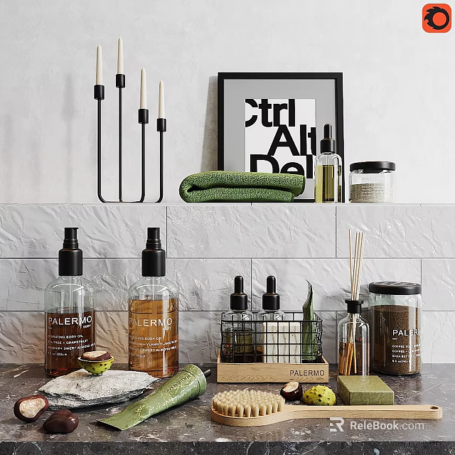 Daily Cleaning Products With Glass Bottles Green Towels Natural Lemon And Soap Bars 3d model 