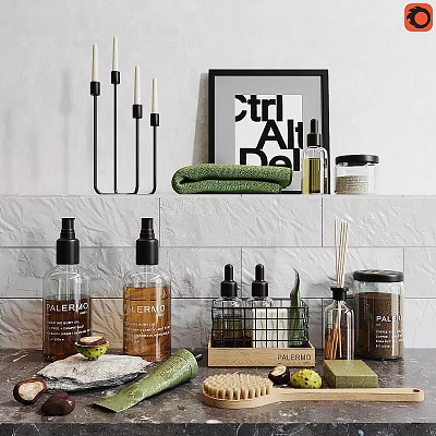 Daily Cleaning Products With Glass Bottles Green Towels Natural Lemon And Soap Bars 3d model