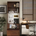 Modern Wooden Bookcase Near Desk With Vinyl Records Photo Frames Decorative Items And Plant