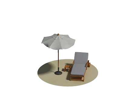 Outdoor Gray Lounge Chair On Sand Surface With Matching Umbrella And Wooden Side Table 3d model
