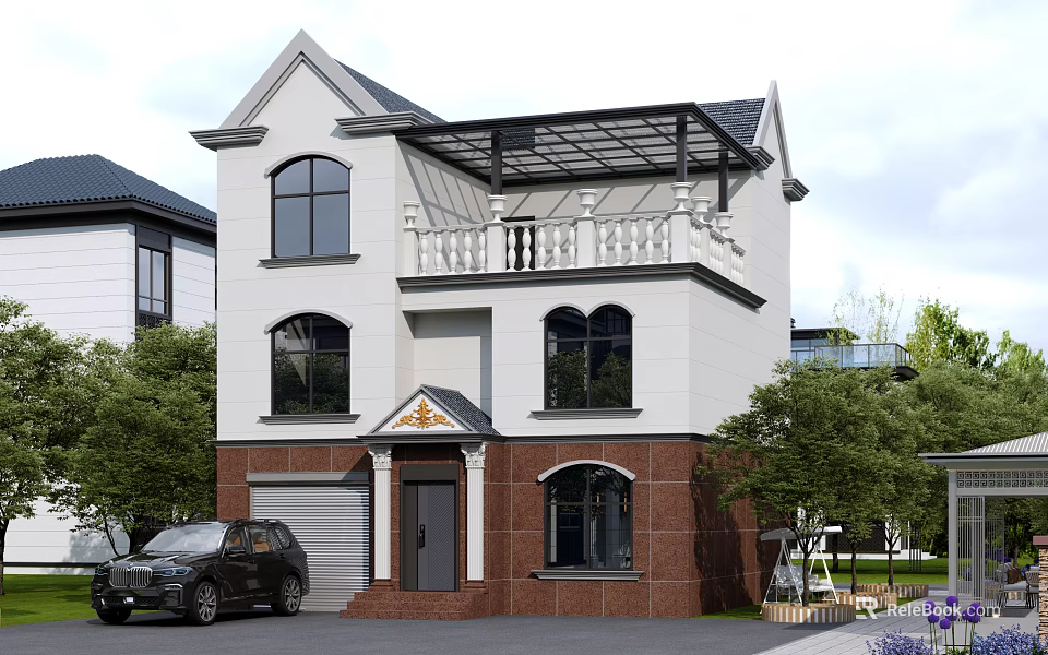 Detached Villa Exterior With White Brown Facade Balcony Garage Trees And Black Car 3d model 