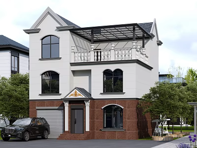 Detached Villa Exterior With White Brown Facade Balcony Garage Trees And Black Car 3d model