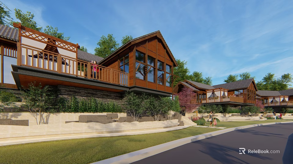 Rustic Wooden Houses With Balconies And Greenery Under Clear Blue Sky 3d model 