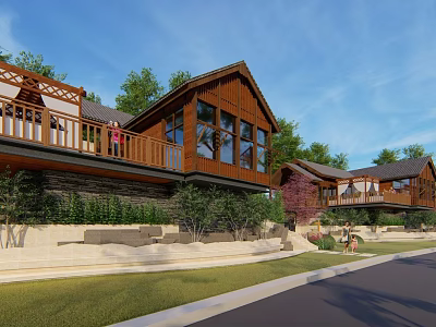 Rustic Wooden Houses With Balconies And Greenery Under Clear Blue Sky 3d model
