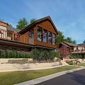 Rustic Wooden Houses With Balconies And Greenery Under Clear Blue Sky
