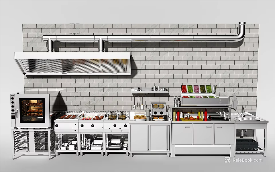 Modern Kitchen Interior With Brick Wall Cooking Equipment Oven And Cabinets 3d model 