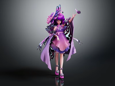 Female Character Wearing Purple Outfit With Butterfly Wings Headdress And Accessory 3d model