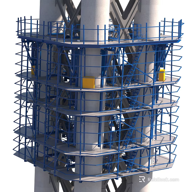 Industrial Factory Building Featuring Blue Scaffolding Multi Level Platforms Yellow Components And Large Pipes 3d model 