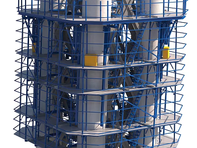 Industrial Factory Building Featuring Blue Scaffolding Multi Level Platforms Yellow Components And Large Pipes 3d model