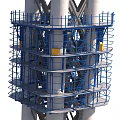 Industrial Factory Building Featuring Blue Scaffolding Multi Level Platforms Yellow Components And Large Pipes