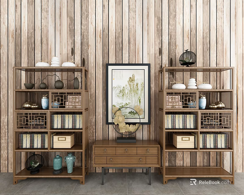 Rustic Wooden Wall Bookshelves With Middle Painting Small Cabinet Books Baskets Vases And Decorative Items 3d model 