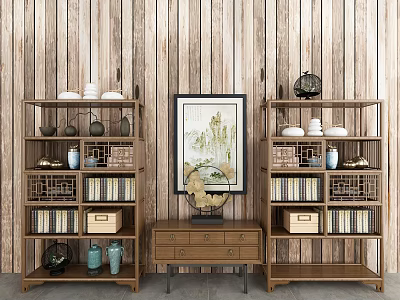 Rustic Wooden Wall Bookshelves With Middle Painting Small Cabinet Books Baskets Vases And Decorative Items 3d model