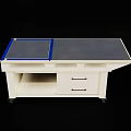 Industrial Equipment Workbench with Black Countertop Blue Borders White Cabinet Drawers and Wheels