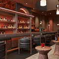Cozy Café Interior With Warm Lighting Wooden Bar Black Leather Chairs And Round Tables