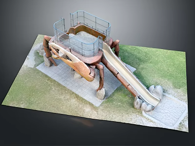 Playground Equipment With Slide And Climbing Frame Wooden Metal Design On Grass And Stone Path 3d model