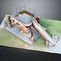 Playground Equipment With Slide And Climbing Frame Wooden Metal Design On Grass And Stone Path