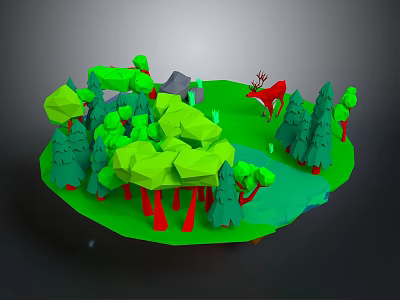 Cartoon Forest Scene With Green Trees Small House Red Deer And Green Grass 3d model