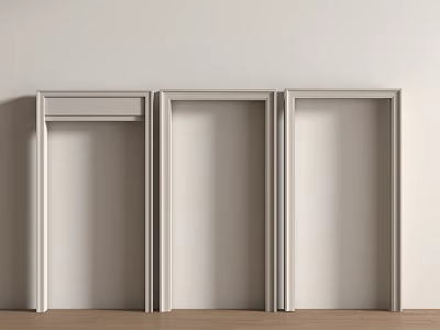 Three White Door Frames Standing Against Light Colored Wall With Wooden Floor 3d model