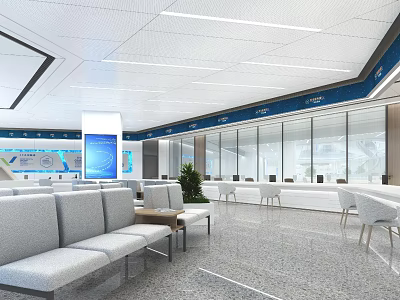 Modern Public Service Hall Interior With Waiting Seats Digital Screens And Glass Partitions 3d model