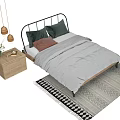 Double Bed with Black Metal Headboard Gray Bedding Nightstand Hanging Lights and Geometric Rug