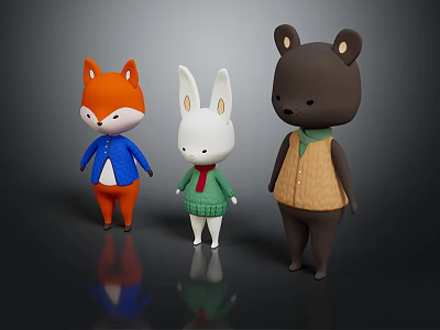 Cute Orange Fox White Rabbit Brown Bear As Game Movie Characters In Colorful Outfits 3d model