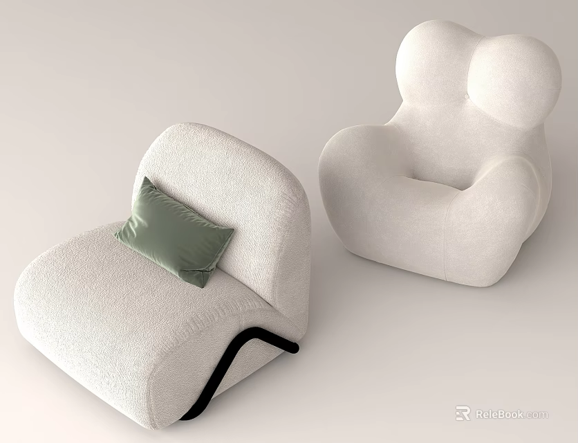 Modern White Leisure Chairs In Textured Fabric With Rounded Design And Green Cushion 3d model 