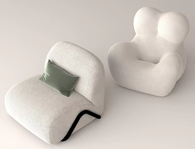 Modern White Leisure Chairs In Textured Fabric With Rounded Design And Green Cushion 3d model