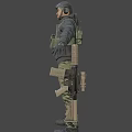 Tactical Human Character In Green Vest Helmet Camouflage Pants Holding Rifle On Gray Background