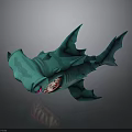 Green Spiked Shark with Open Mouth Exposed Teeth in Cartoon Style