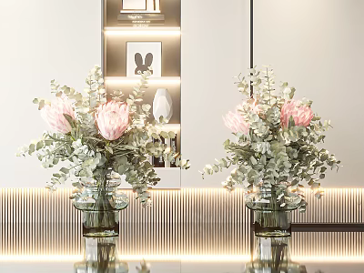 Pink Protea And Eucalyptus Flowers In Glass Vases For Modern Interior With Ambient Lighting 3d model