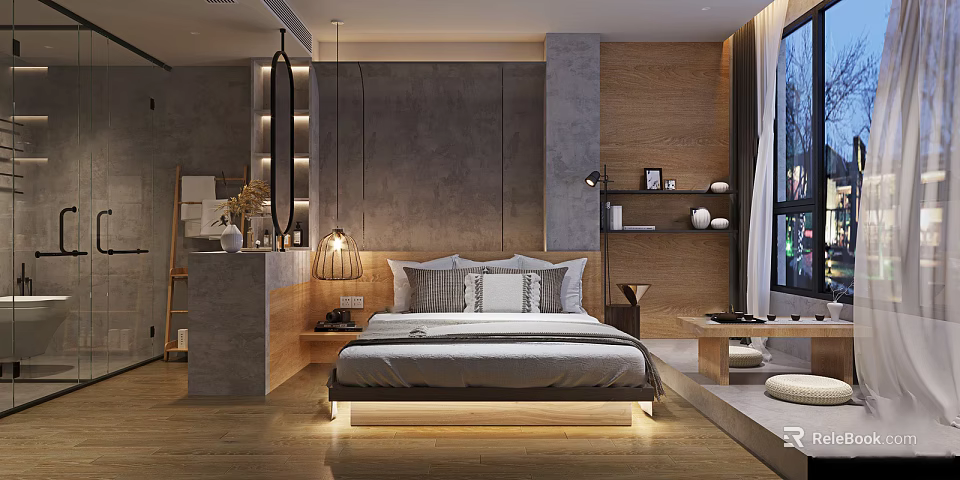 Modern Hotel Guest Room With Wooden Elements Gray Headboard Wall And Ambient Lighting 3d model 
