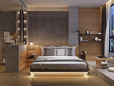 Modern Hotel Guest Room With Wooden Elements Gray Headboard Wall And Ambient Lighting 3d model