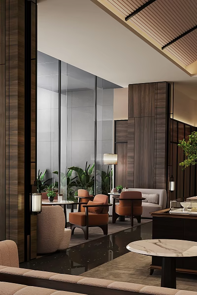 Modern Sales Office Interior With Wooden Panels Green Plants And Comfortable Sofa 3d model