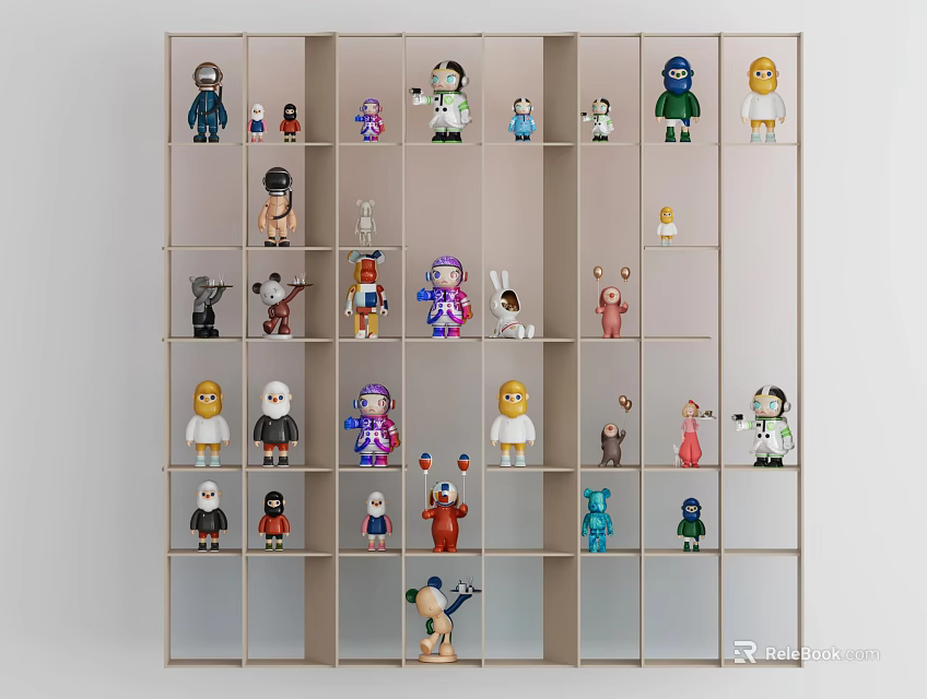 Action Figure Display Cabinet Featuring Diverse Collectible Models On Multiple Shelves 3d model