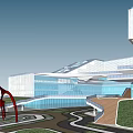 Modern Inclined Building with Glass Curtain Walls Green Roof Top Red Sculpture and Pedestrians Bicycles
