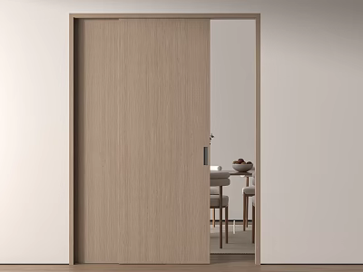 Modern Light Wood Sliding Door Partially Open To Dining Area With Table And Chairs 3d model