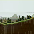 Scenic Mountain Landscape With Pine Trees Grass Covered Hillside and Distant Cottages 3d model
