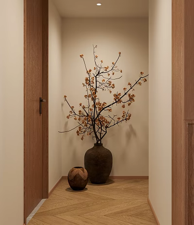 Stylish Indoor Bonsai Plant Decor With Decorative Branches And Wooden Accents In Home Hallway 3d model