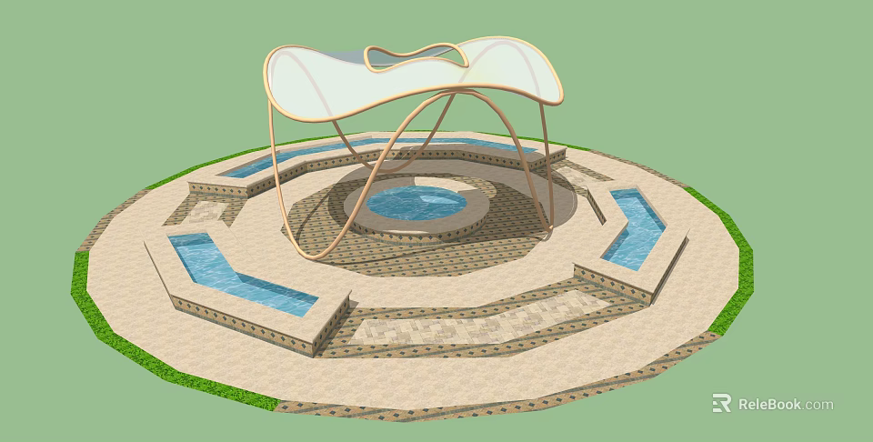 Outdoor Chair With Circular White Canopy Water Pools Paved Flooring And Lawn 3d model 