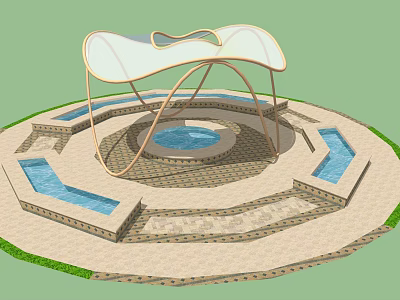 Outdoor Chair With Circular White Canopy Water Pools Paved Flooring And Lawn 3d model