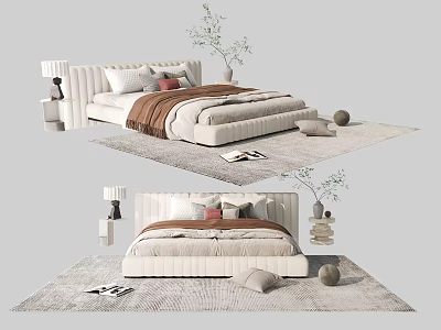 Modern Upholstered Double Bed With Soft Pillows Side Tables Rug And Plants 3d model
