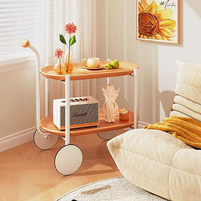 Warm Living Room Wooden Side Cart With Wheels And Decorative Items On Two Tiers 3d model