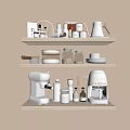 Organized Kitchen Interior With Shelves Holding White Coffee Maker Kettle Jars Plates And Bottles